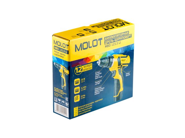 Аккум дрель-шуруповерт MOLOT MBD 1213 Li в кор 120 В 1 акк 13 Ач Li-Ion 1 скор 15 Нм шурупы до 6 мм MBD1213Li0006