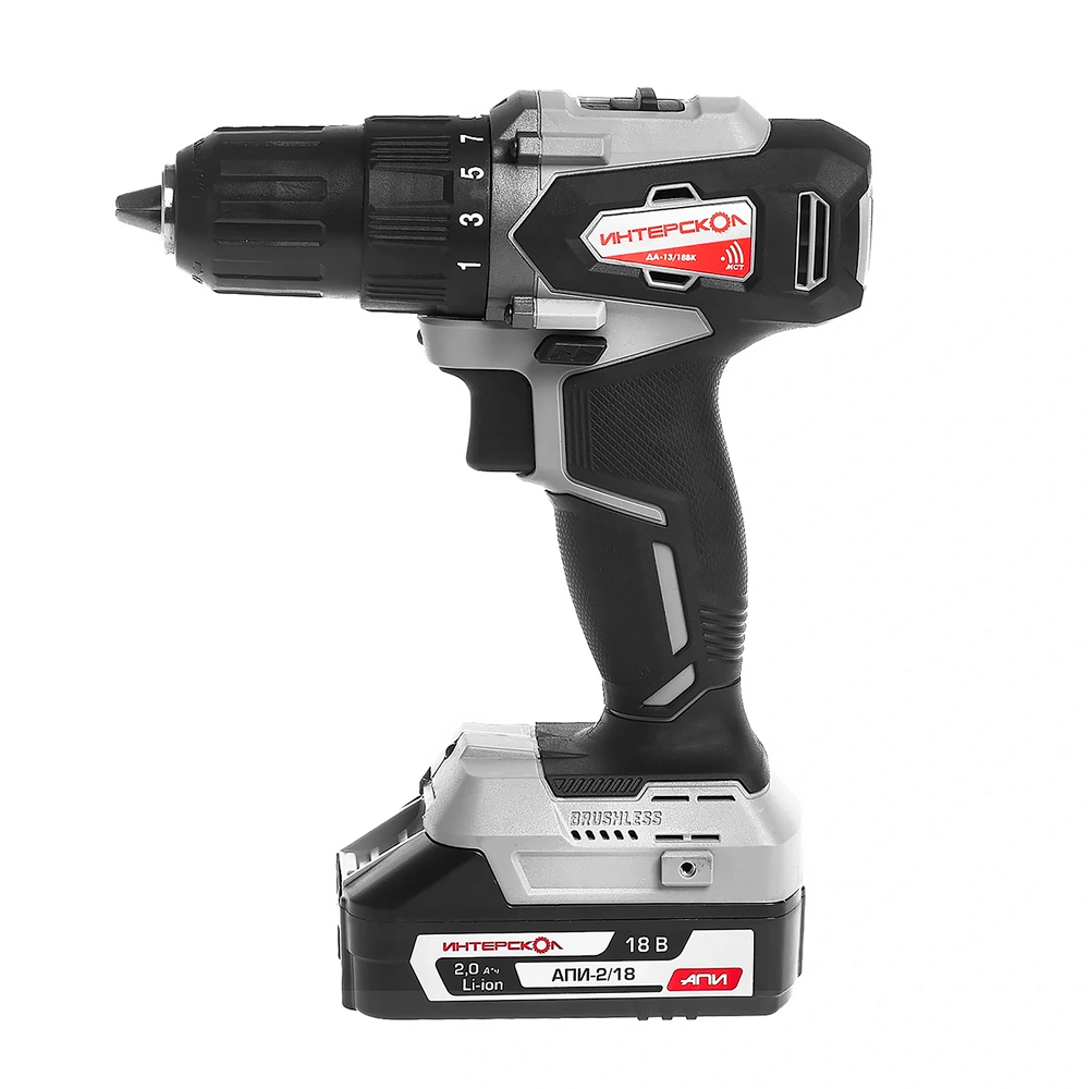 Аккум бесщеточная дрель-шуруповерт Интерскол ДА-1318ВК 45 Li-ion кейс 2 аккум 2Ач 3 насадки