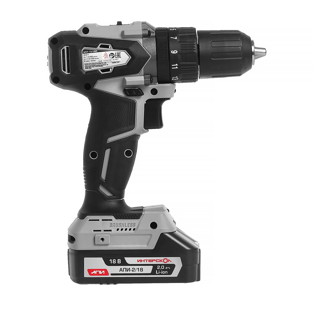 Аккум бесщеточная дрель-шуруповерт Интерскол ДАУ-1318ВК 45 кейс 2 аккум 2Ач ЗУ