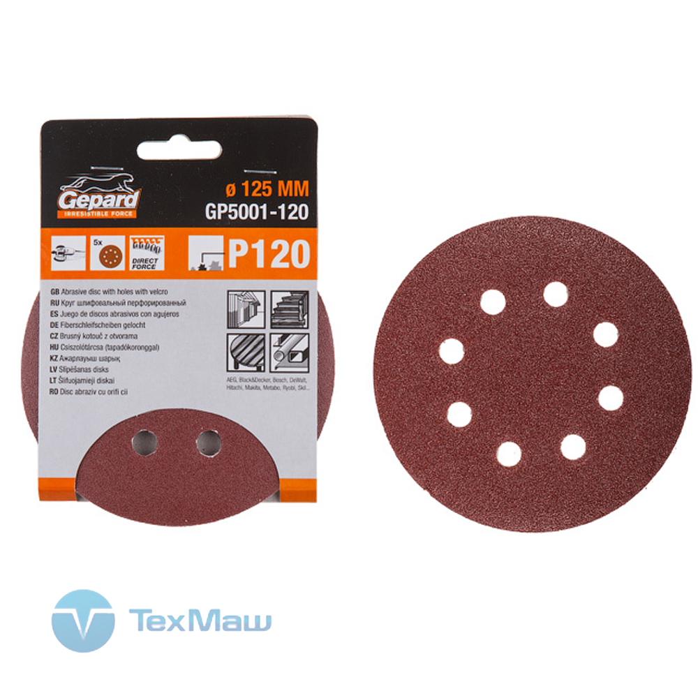 

Шлифлист 125мм круг Р40 д/дерева 8 отв. 5шт. GEPARD (GP5001-40) (круг абразивный шлифовальный перфорированный)