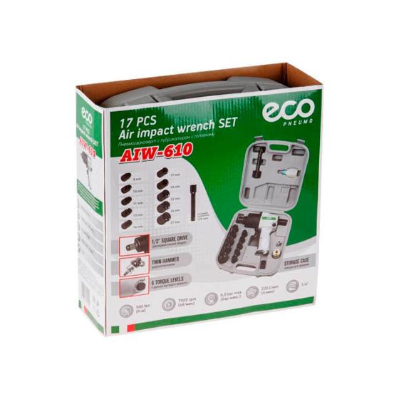 Пневмогайковерт 1/2" ECO AIW-610 с лубрикатором и головками (580 Нм; Ударный мех-м: twin hammer; 7000 об/мин; Макс.резьба: М18; 220 л/мин;)